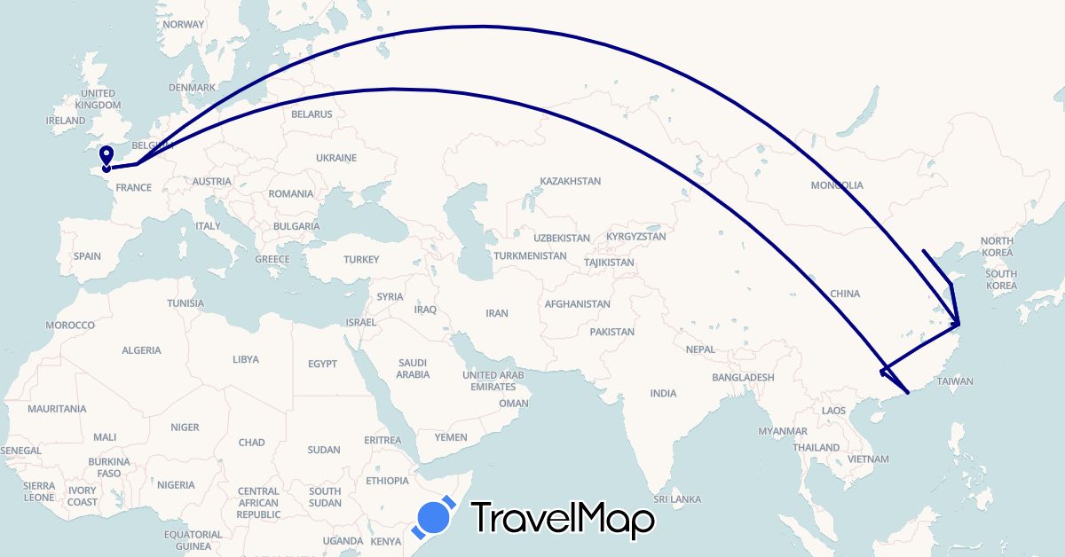 TravelMap itinerary: driving in China, France, Hong Kong (Asia, Europe)